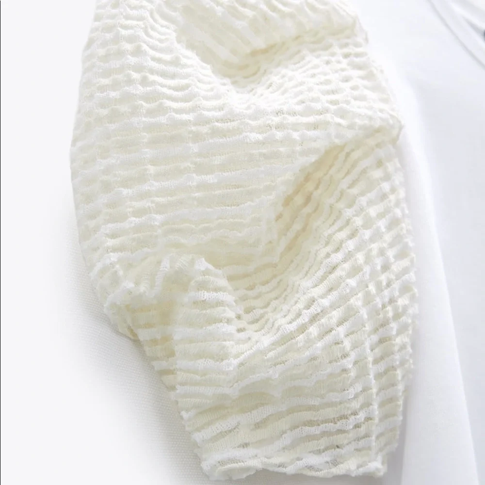 Zara Cream Puff-Sleeve Sheer Knit Top